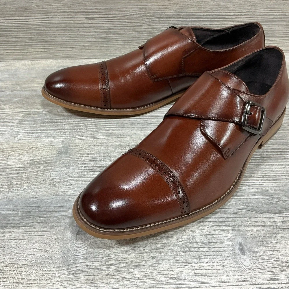 Stacy Adams Desmond Shoes Cap Toe Monk Strap Cognac Leather 25162-221 Men's 13 M